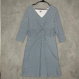 Lands end womens 3/4 sleeve dress blue geometric pockets stretch cotton L p